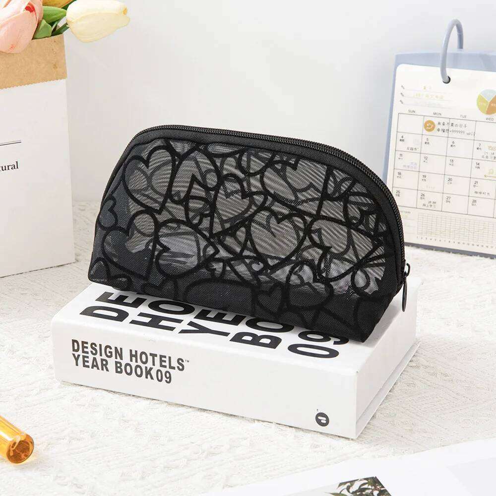 1Pc Fashion Heart Transparent Women Cosmetic Mini Portable Makeup Lipsticks Storage Pouch Handbag Mesh Nylon Zipper Bag Y260206