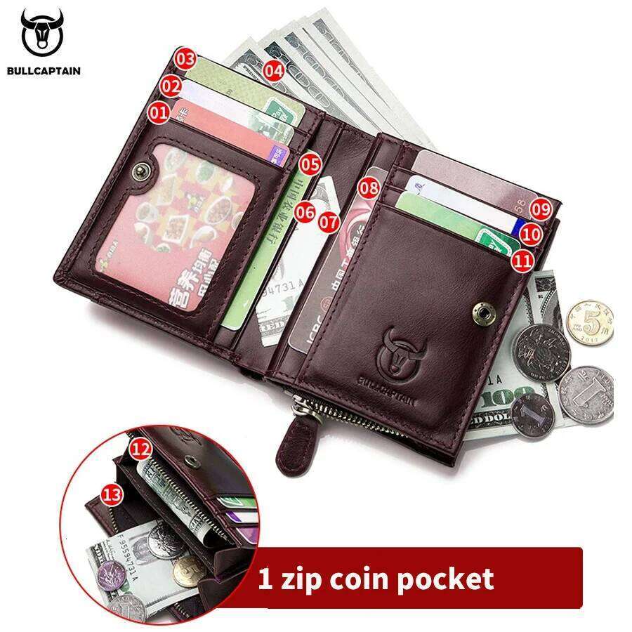 BULLCAPTAIN RFID Leather Men's Purse Zipper Coin Wallet Holder Credit Card Bag Y260206