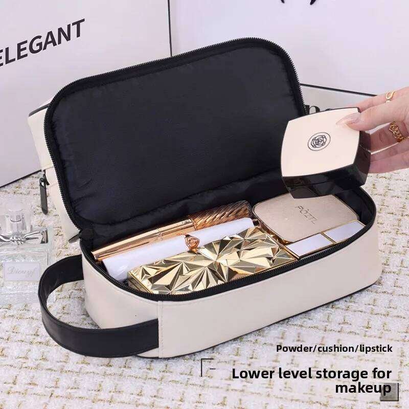 Women's Double Layer PU Leather Makeup Bag Portable Travel Cosmetic Organizer Toiletry Pouch for Beauty Essentials Y260206