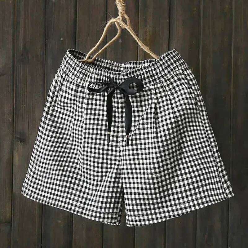 Black Plaid Vintage Cotton Elastic High Waist Lace Up Loose Women's Korean Fashion Shorts For Women 2024 Spring Summer XJ260206