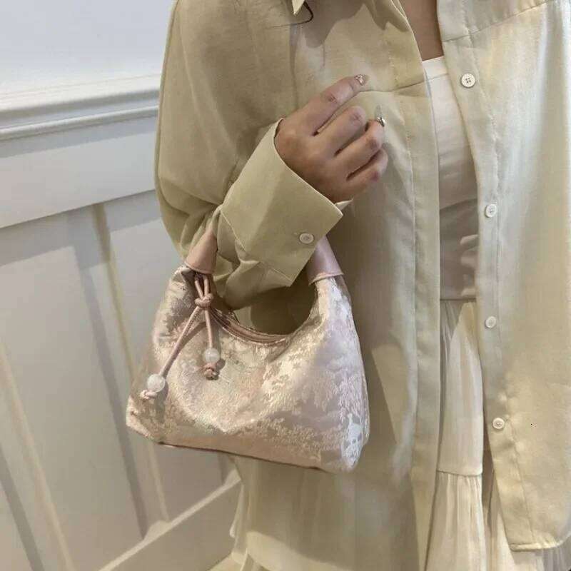 Sweet Embroidery Shoulder Nylon Texture Pearl Pendant Crossbody Small Bucket Handbag Women Canvas Luxury Cheongsam Bag Y260205
