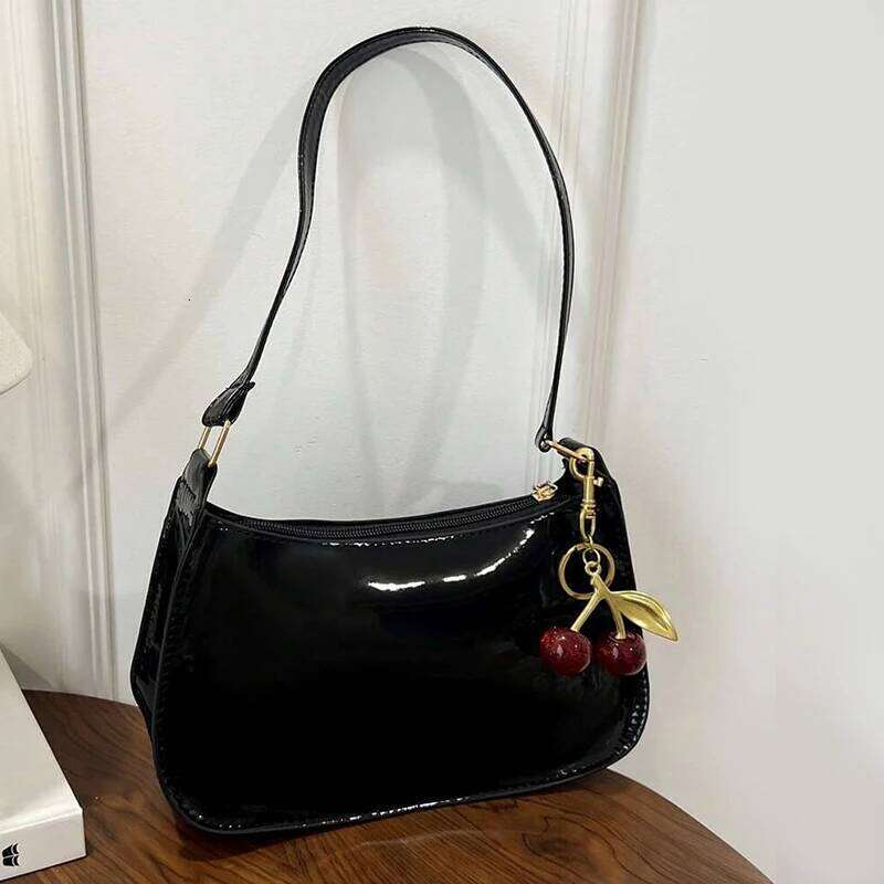 Glossy PU Leather Handbag Versatile Fashion Solid Color Cherry Pendant Shoulder Casual Commuting Tote Girls Underarm Bag Y260205