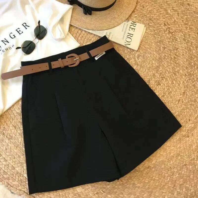 New Chic Fashion Office Lady's With Belt Elegant Women's Straight Korean Matching Basic Female Wide Leg Shorts XJ260206