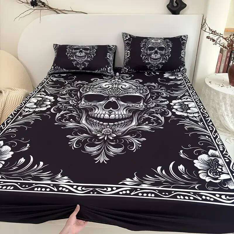 3pcs Black White Gothic Skull Fitted Sheet Set 3D Printed Mattress Covers Soft Breathable With 2 Pillowcases for Adults Bedroom XJ260206