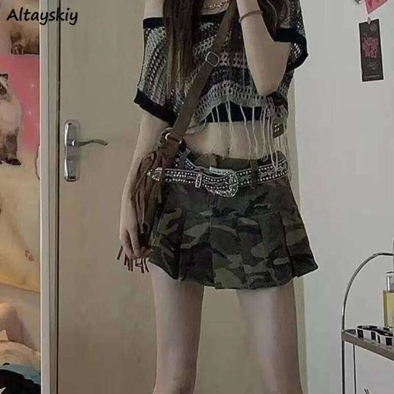 Pleated Skirts for Women American Style Vintage Clothing Summer Camouflage High Street Fit Students All-match Young Sexy Chic XJ260206