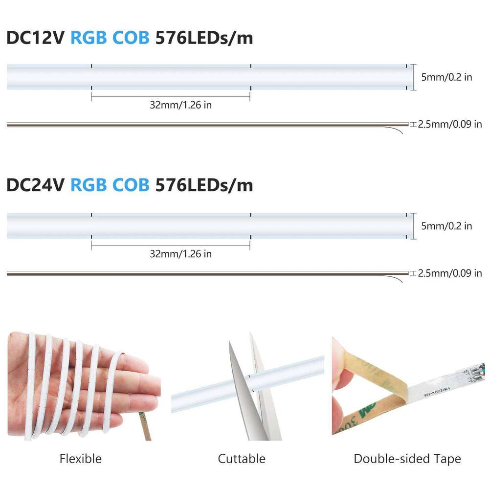 DC 12V 24V RGB COB LED Strip Narrow Version 5MM 576LEDs/M High Bright Dotless Home Decor Led Tape Diode Flexible Ribbon Rope Z260206