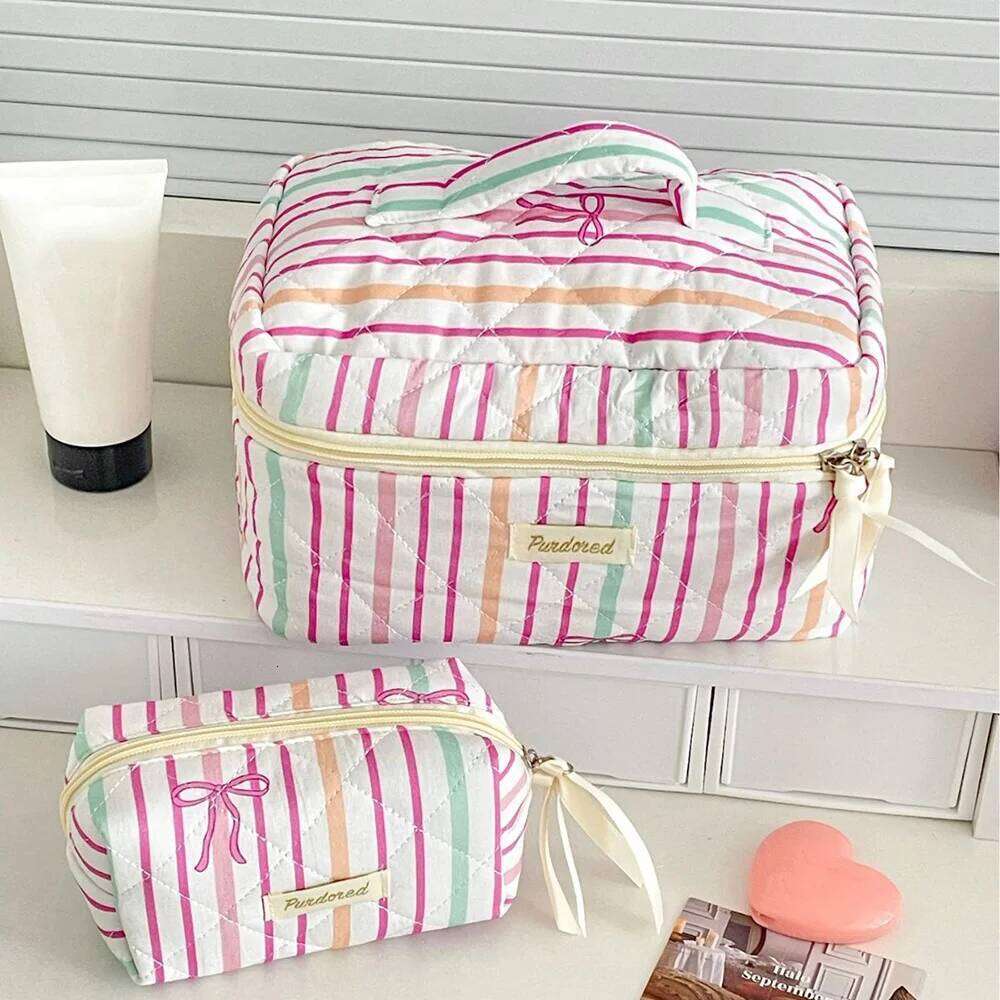 Personality Stripe Bowknot Women Cosmetic Portable Simple Quilting Bag Pouch Travel Large Capacity Makeup Storage Handbag Y260206