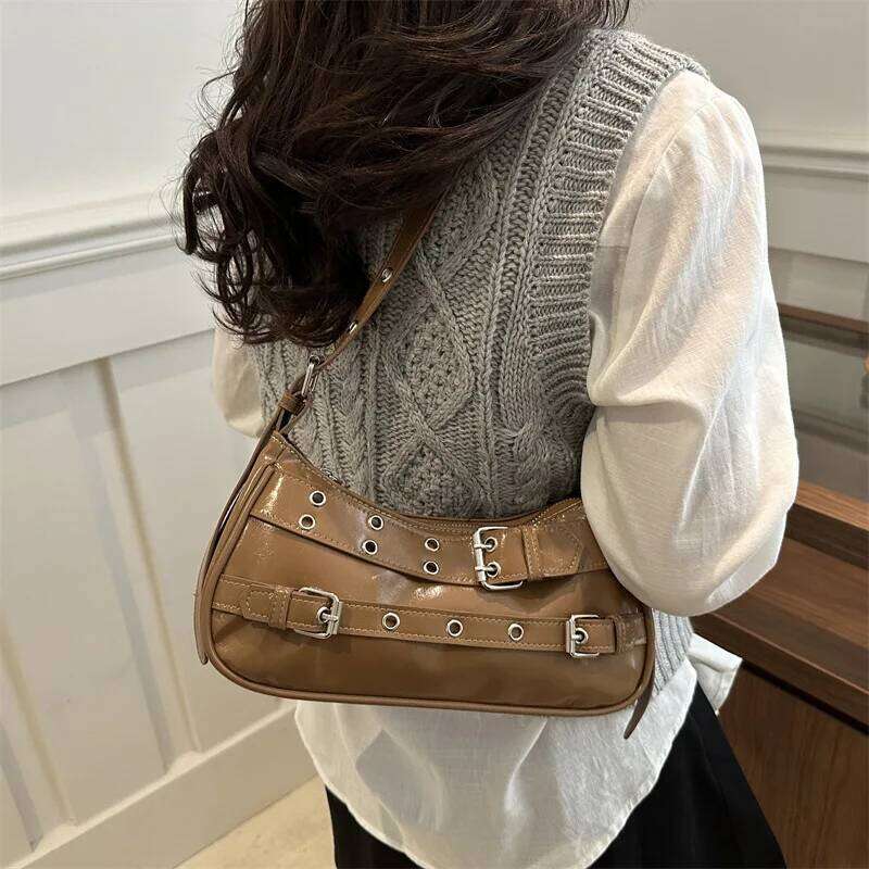 Y2k Retro Rivet Simple Women Shoulder Bag Solid Color Commuter Cool Hot Girls Pu Handbags Casual Ladies Underarm Crossbody Bags Y260205