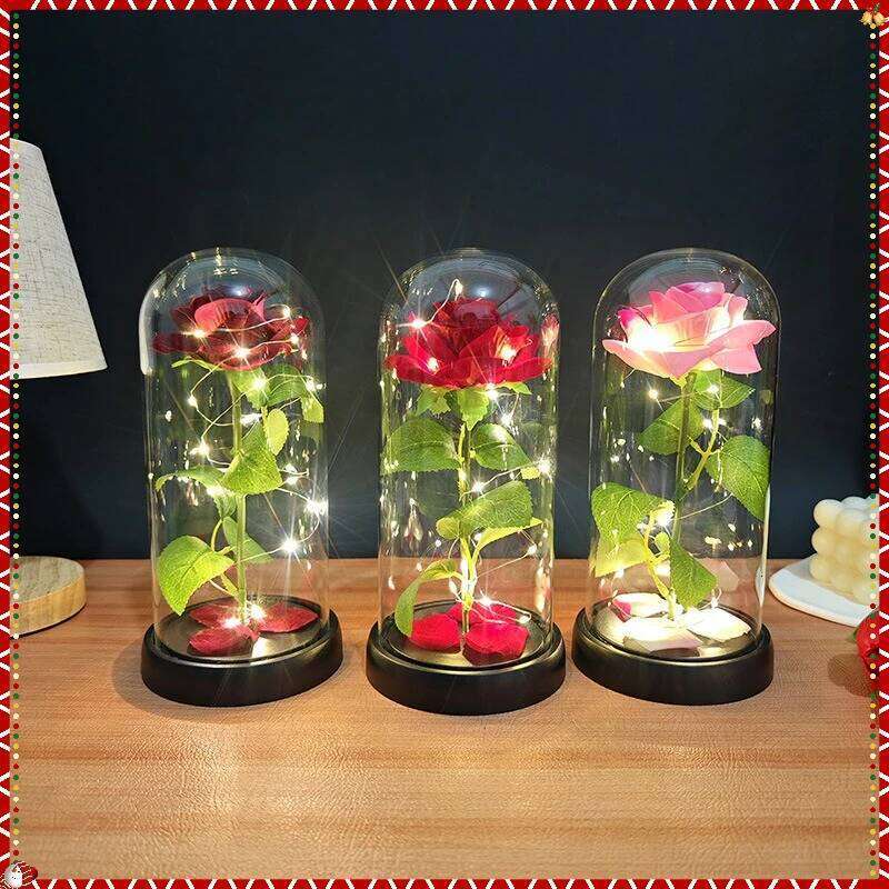 Artificial with LED Eternal Glass Cover Simulating Rose Ornaments Family Wedding Decoration Christmas Valentine Gift S260204
