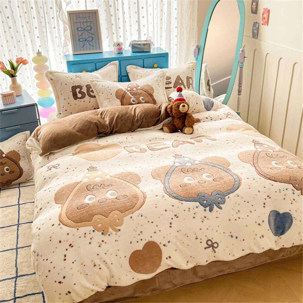 Winter Warm Milk Velvet Four-Piece Thickened Coral Fleece Duvet Cover Pillowcase Bed Sheet Bedroom Decor Queen Bedding Set XJ260206