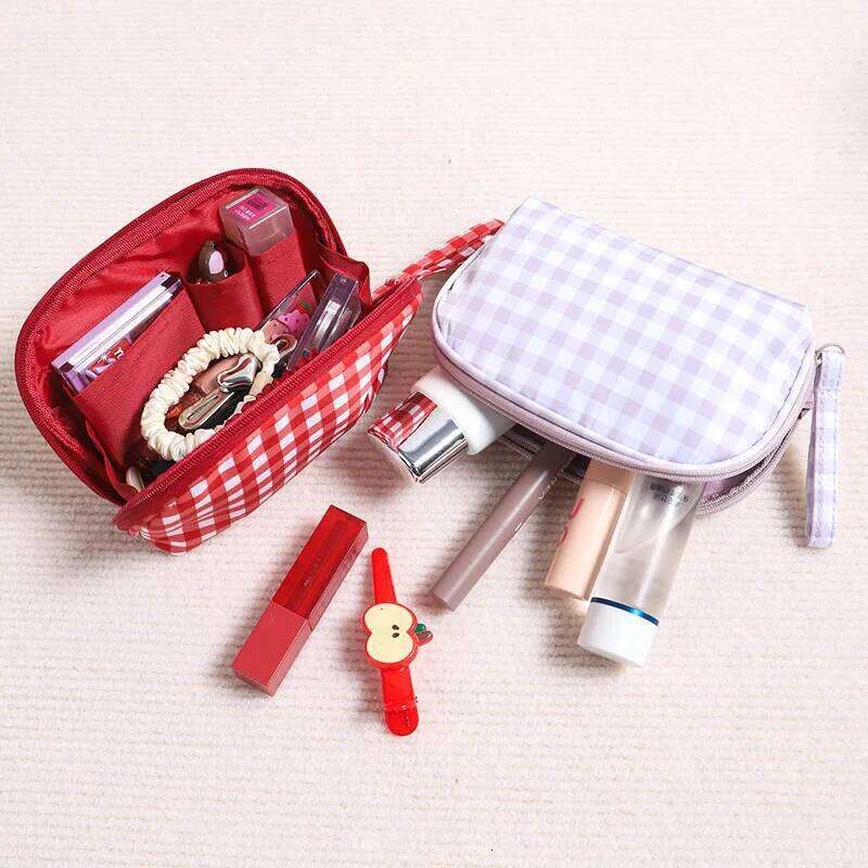 Cute Red Purple Plaid Handbag Zipper Travel Portable Cushion Case & Makeup Pouch Small Large Toiletry Cosmetic Bag for Women Y260206