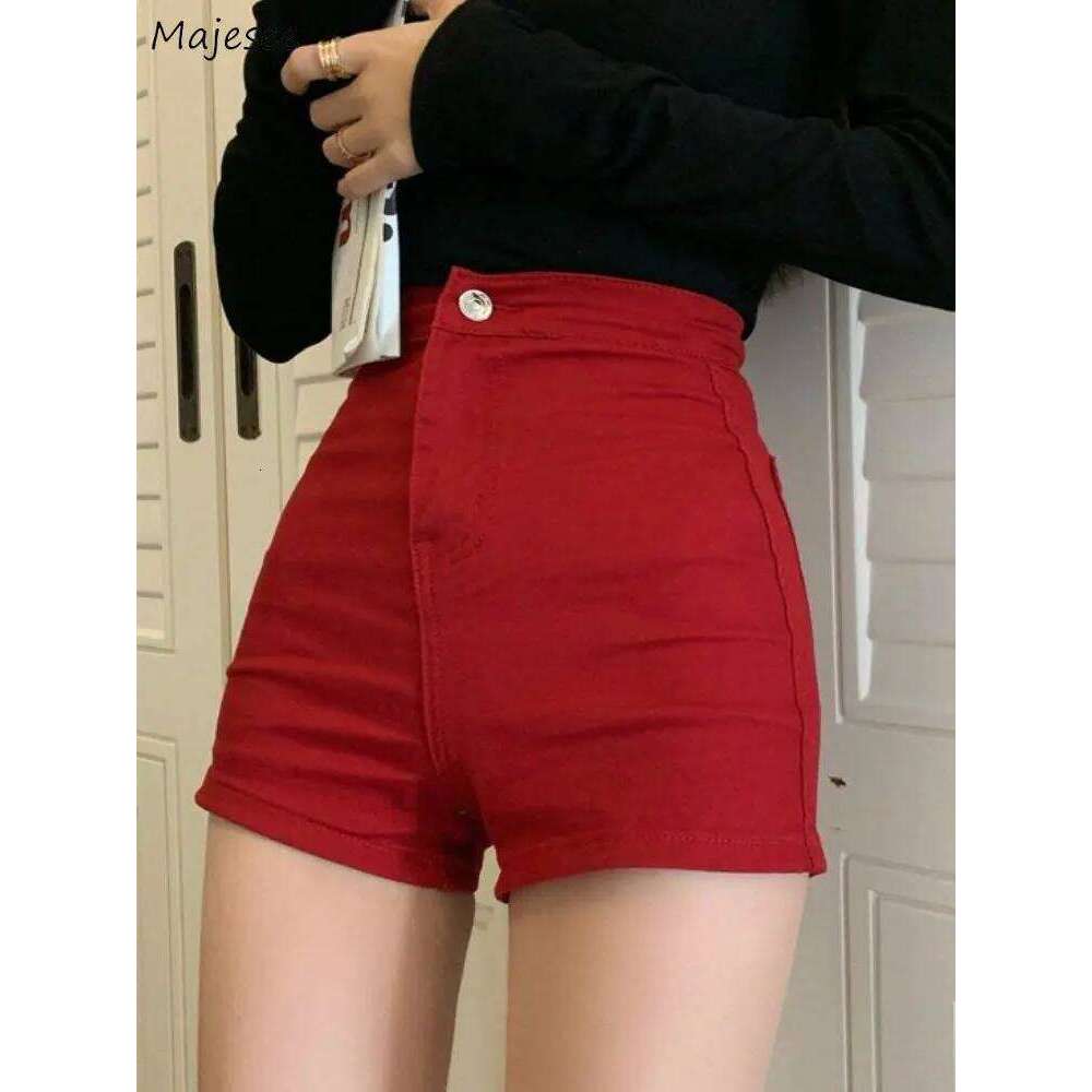 Red Denim Shorts Women Sexy High Waist Skinny Korean Style All-match Hot Ladies Vintage Chic Casual Streetwear Popular XJ260206