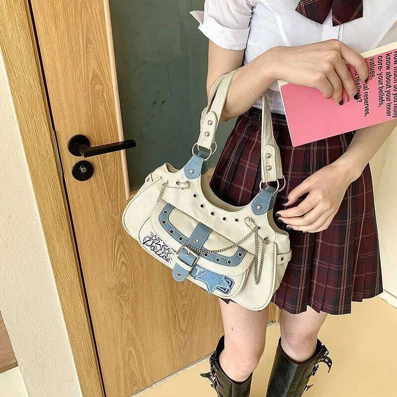 Gothic Punk Y2K One Shoulder Tote Bag, Harajuku Aesthetic Leather Patchwork Casual Handbag, Vintage Beige Female Bags Y260205