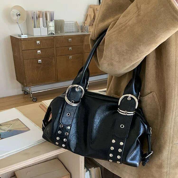 Fashion rivet women Shoulder PU leather Hot girl motorcycle bag bolsa feminina female Underarm Bag ladies big handbag Black Z260207 - view 3