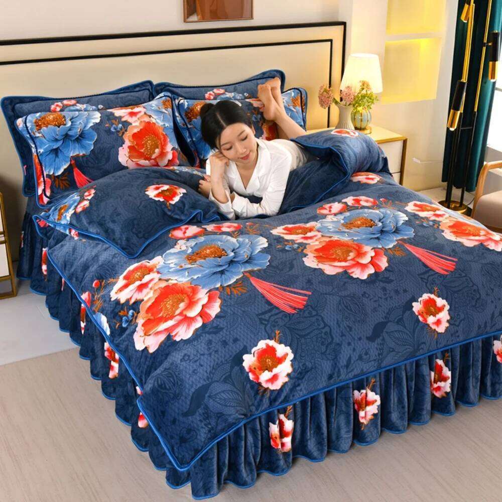 Winter Warm Coral Bedding Sets Double-Sided Thickened Class A Four-Piece Set Home Quilt Cover Sheet Milk Velvet Bed Skirt XJ260206