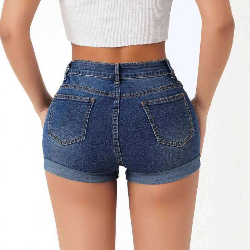 Women Summer Denim Shorts High Waist Stretch Ripped Hole Skinny Pockets Jeans Short Pants XJ260206