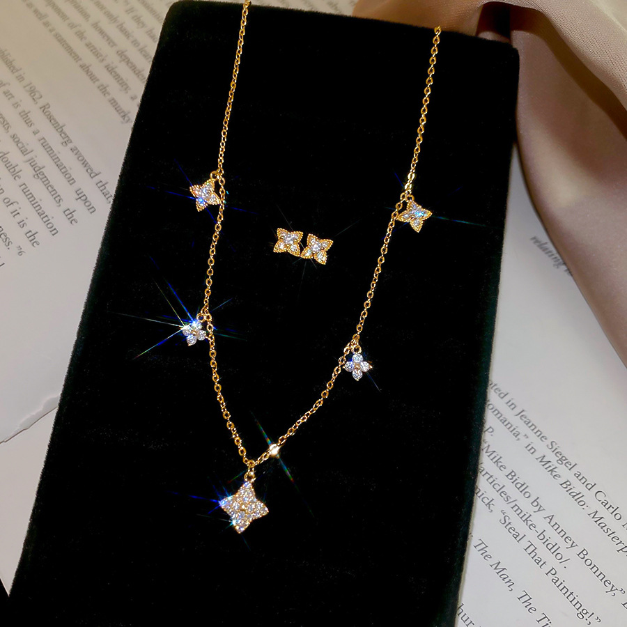 Real gold-plated zircon flower earrings necklace, elegant versatile jewelry set, light luxury and high-end accessories - view 7