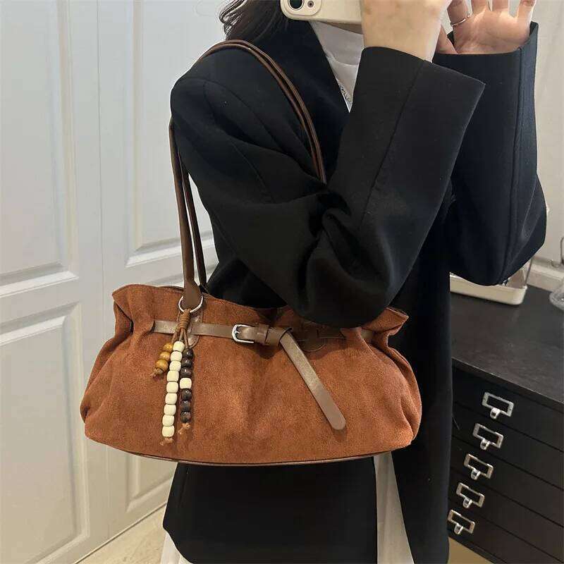 Vintage Belt Design Suede Shoulder Bags for Women Autumn Versatile Ladies Classic Handbags Large Capacity Female Tote Bag Y260205