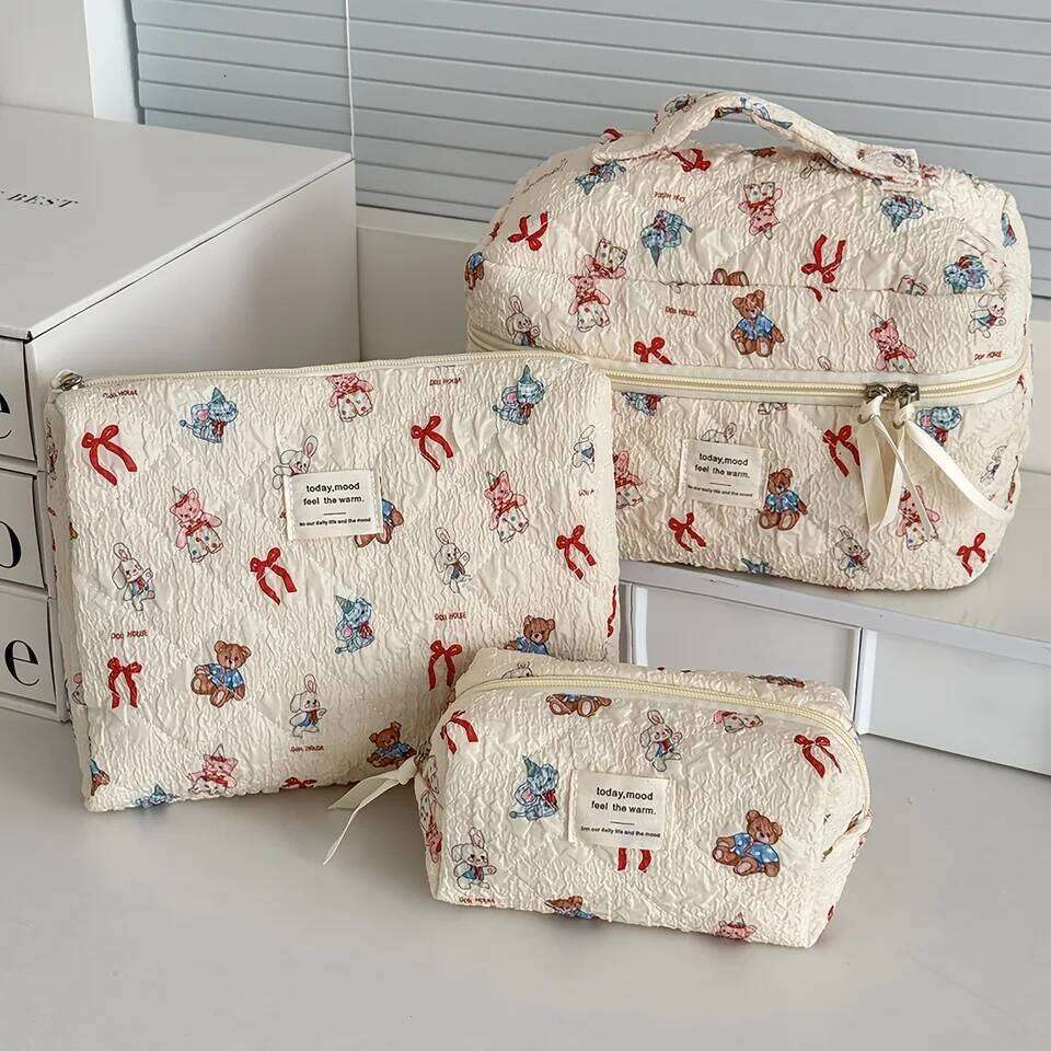 3Pcs Cotton Quilted Makeup Bag Set Women Zipper Cosmetic Organizer Female Cloth Handbag Portable Toiletry Case for Girls Y260206