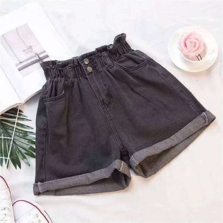 Summer Women's Blue Cotton Denim Shorts Korean Fashion Elastic Waist Loose Casual Wide Leg Female Clothing XJ260206