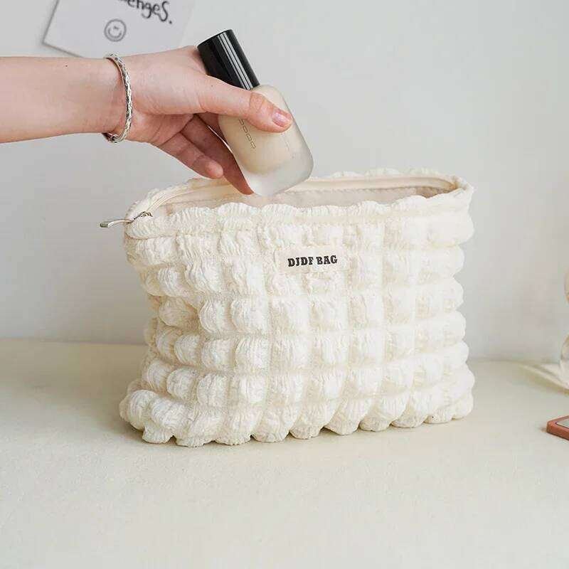 Beige Soft Cloud Bubble Women's Makeup Double Canvas Portable Cosmetics Storage Large Capacity Zipper Toiletry Bag Y260206