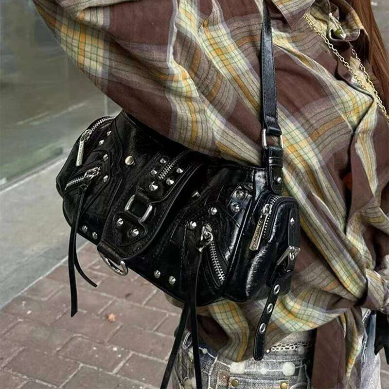 Y2k Women's Motorcycle Retro Pu Leather Handbag Black Punk Style Brand Underarm Luxury Rivet Design Tassel Crossbody Bag Y260205