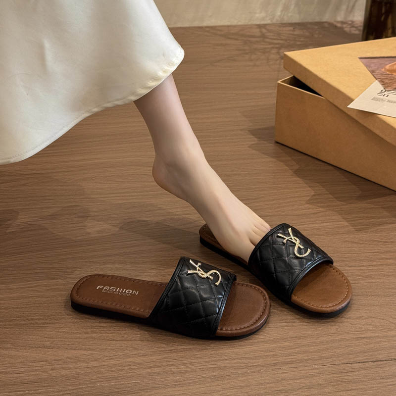 Women Casual Flat Slide Sandals Black Quilted Design with Gold Decor Lightweight Summer Mules Free shipping Fashionable