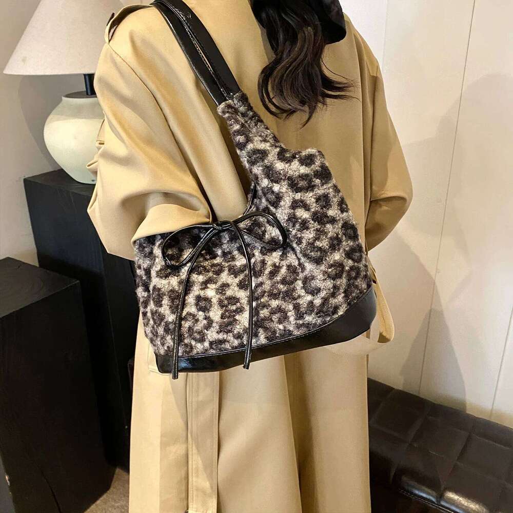 Rayon Leopard Print Shoulder Versatile Commuter Bag with Bow Handbag for Women Work Shopping Travel Daily Y260205