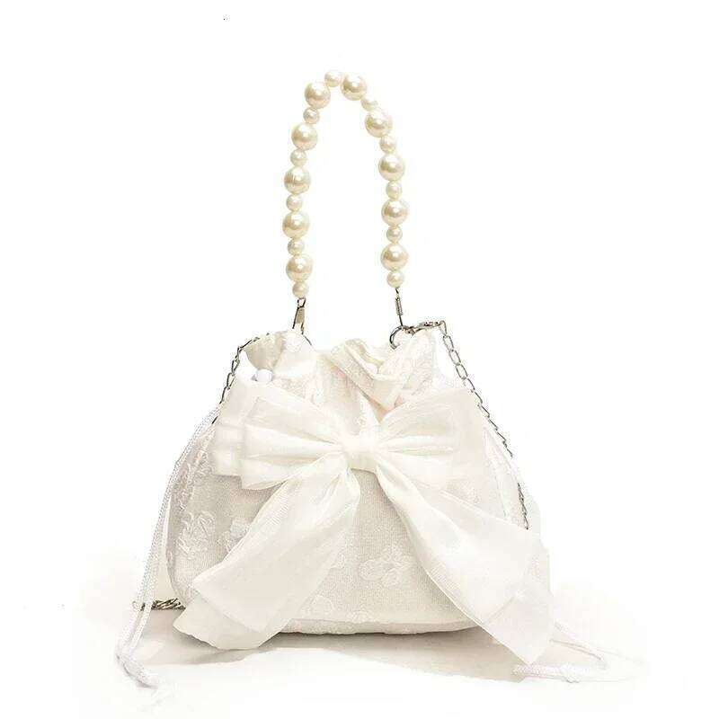 Summer New Elegant and Fresh Flower Niche Crossbody Sweet Bow Pearl Chain Women's Bucket Bag Y260205