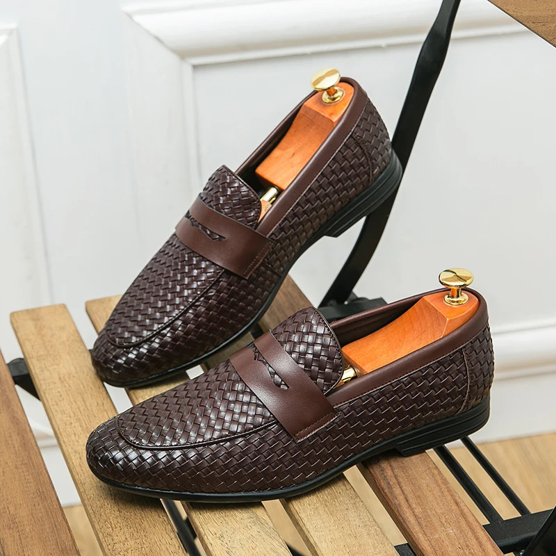 European station fashion bean shoes leather mens slipon loafers classic plaid small 260126