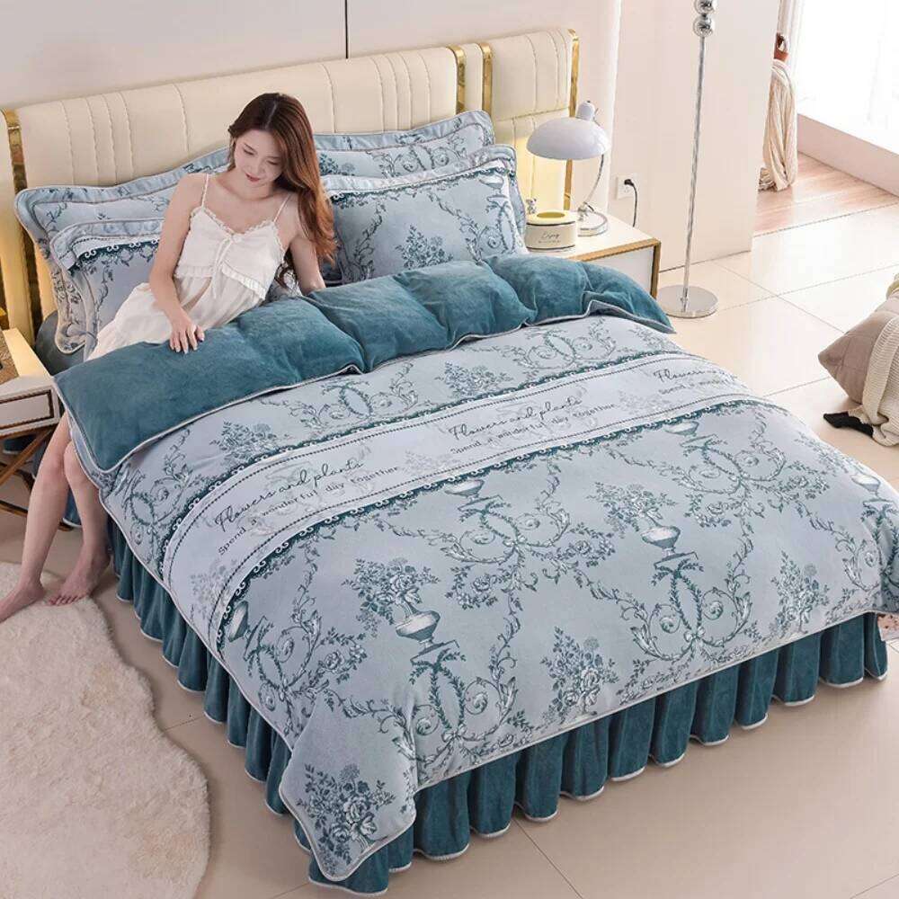 Winter Warm Floral Printed Bedding Milk Velvet Queen Anti-static Thickened Duvet Cover Pillowcase Bed Skirt Four Piece Set XJ260206