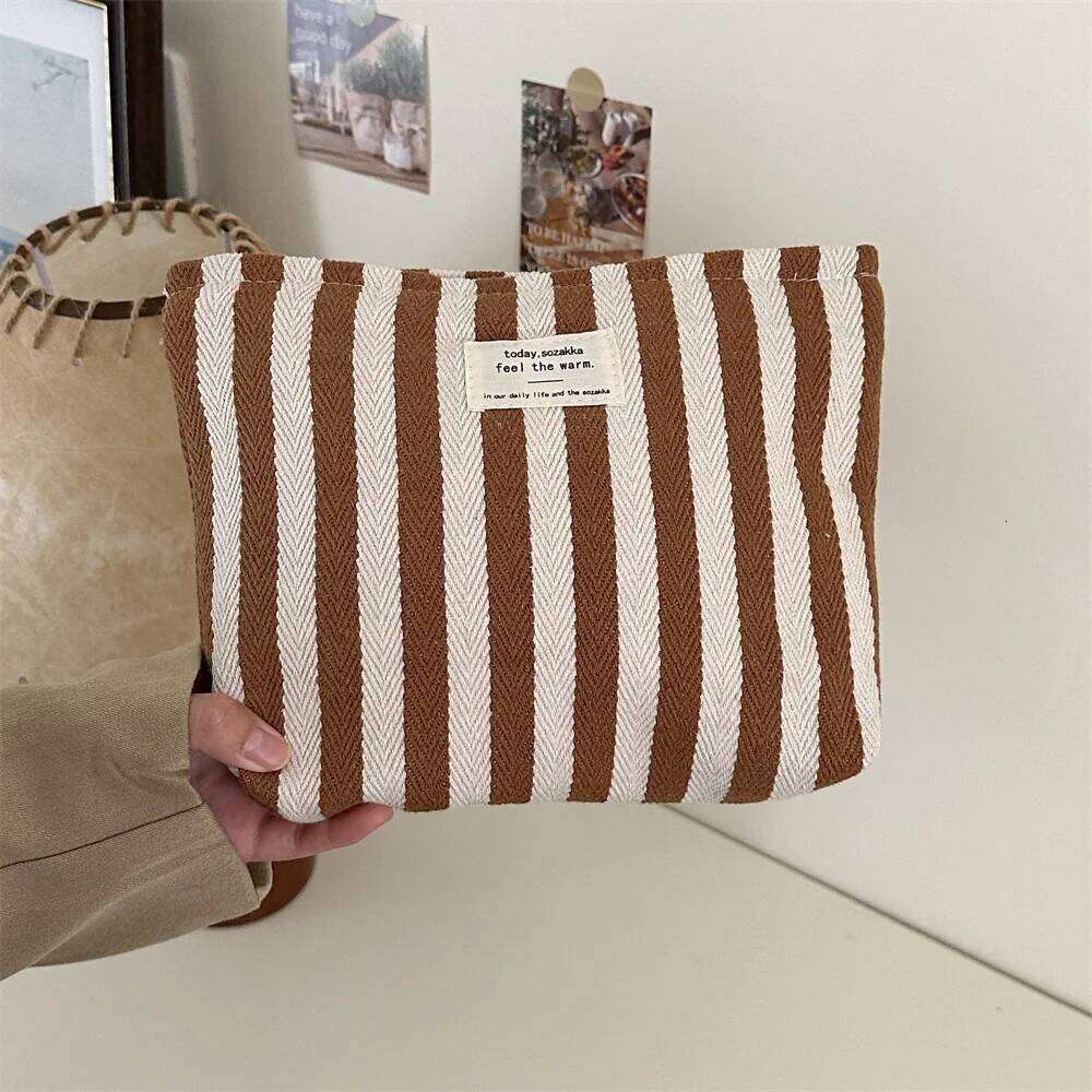 Stripe Cosmetic Bag Portable Canvas Travel Organizer for Lady Small Storage Makeup Case Y260206