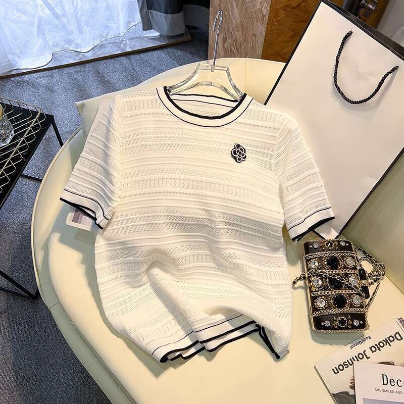 2025 New Style Three-Dimensional Floral Knit Short-Sleeve T-Shirt Women Summer Thin Design Ice Silk Plus Size Top For Plus-Size Ladies