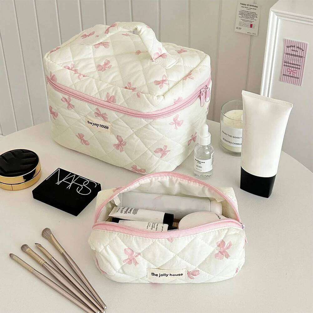 Cute Bow with Zipper Makeup Storage Bag Cotton Quilted Cosmetic Organizer Case for Women and Girls Y260206