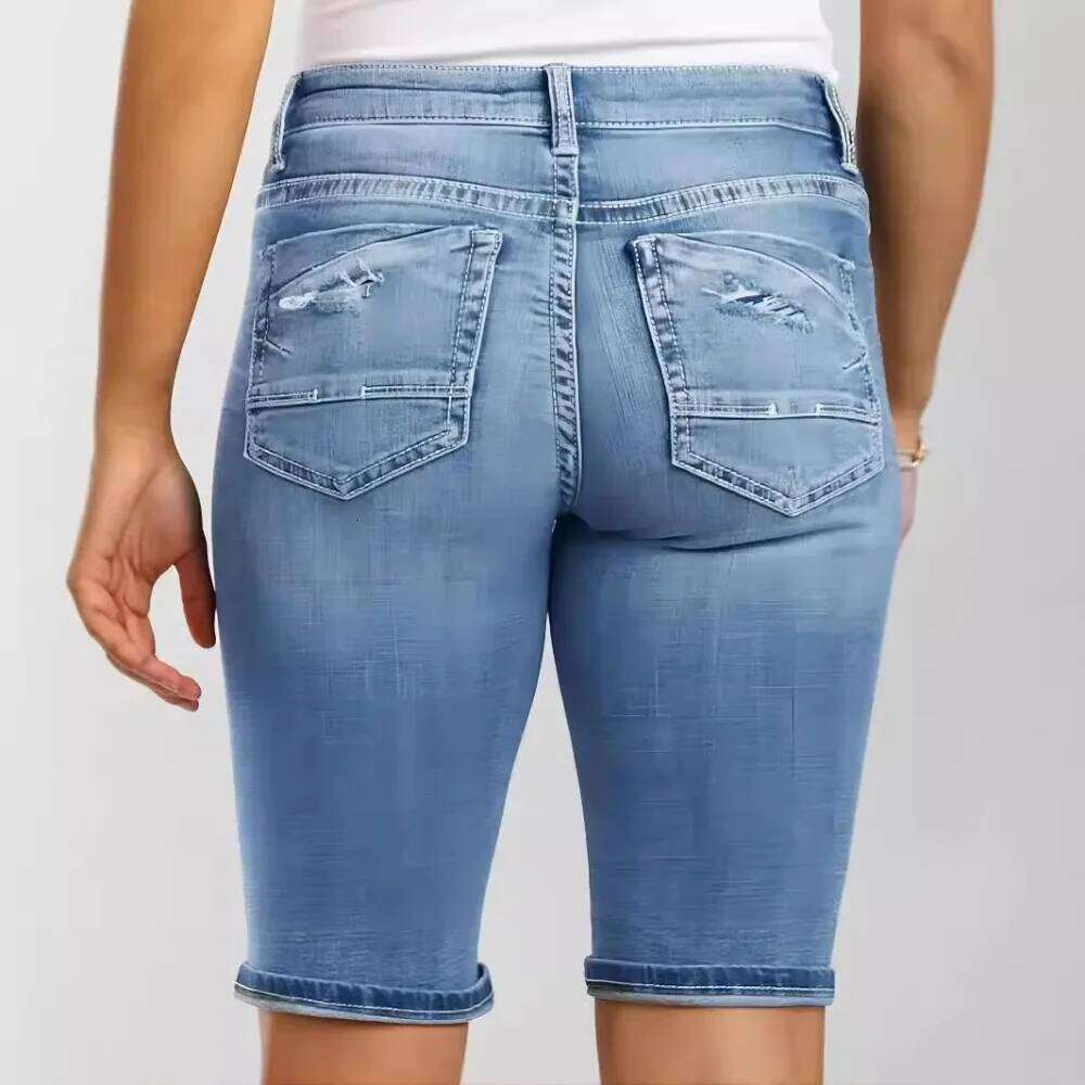 Hole Denim Shorts Women High Waist Solid Short Pants Basic Slim Fit Jeans Office Lady Button Pocket Skinny Casual Elegant XJ260206