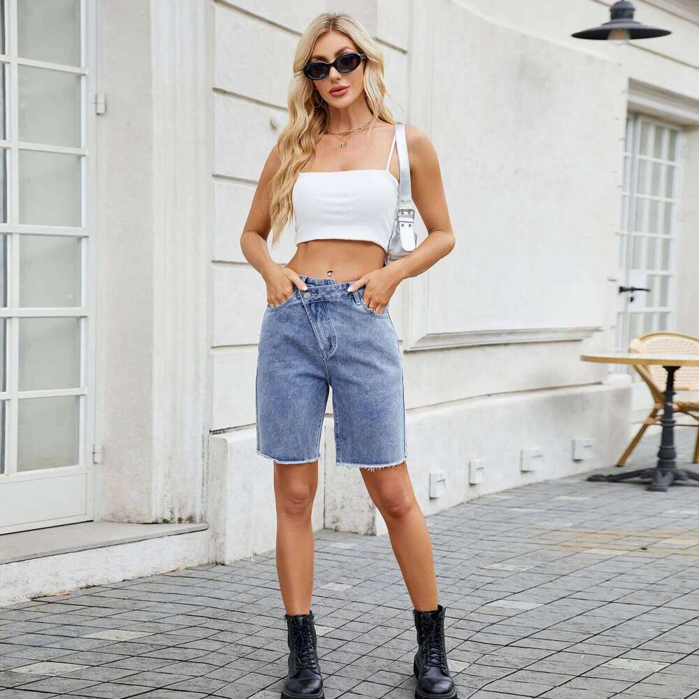 Irregularly Waisted Women's Denim Shorts. Spring and Summer New Fashion Solid-color Casual Loose Straight-leg Mid-length Jeans XJ260206