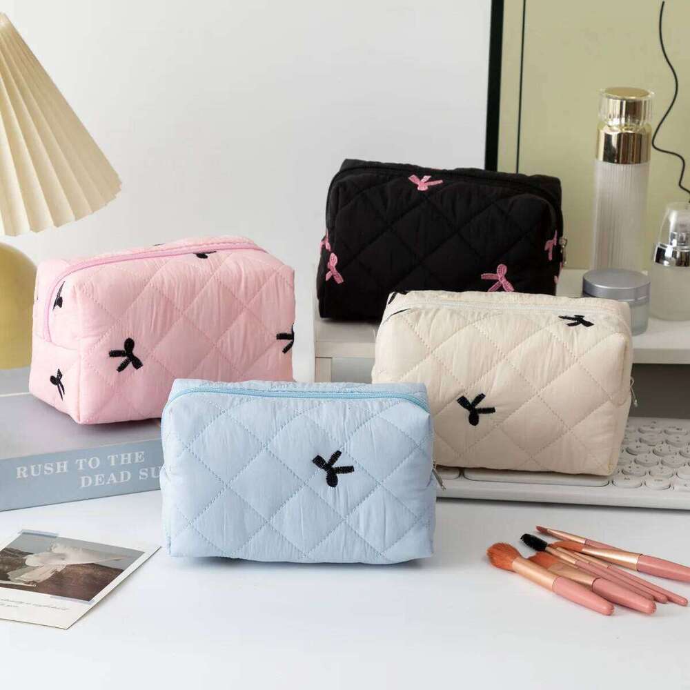 Embroidered Bow Cosmetic Bag Cotton-filled Quilted Large Capacity Makeup Pencil Case Sanitary Napkin Storage Bags Y260206