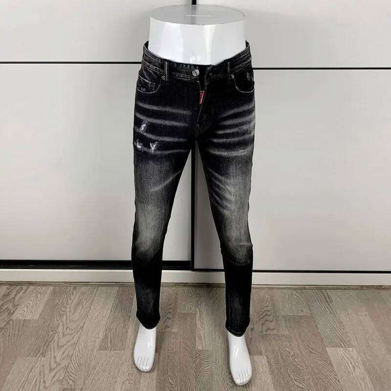 Street fashion men's black gray high-quality stretch slim fit wave jeans, designer retro brand pants, hombre X260207