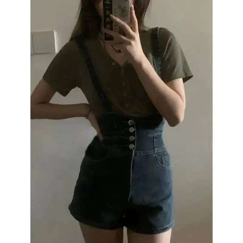 Retro Denim for Women Summer Thin High Elastic Salt Overalls Slim Wide Leg Shorts XJ260206