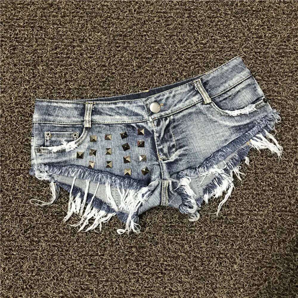Women's Shorts Sexy Hole Rivet Low Waist Thong Denim Ultra Mini Short Female Bikini Jeans Feminino Nightclub XJ260206