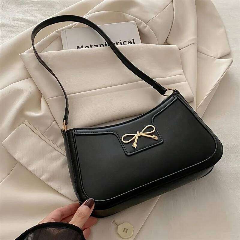 Chic Black Crescent Shoulder for Women Elegant Underarm Purse with GoldenTone Bow Detail Polyester Lined Stylish PU Tote Bag Y260205