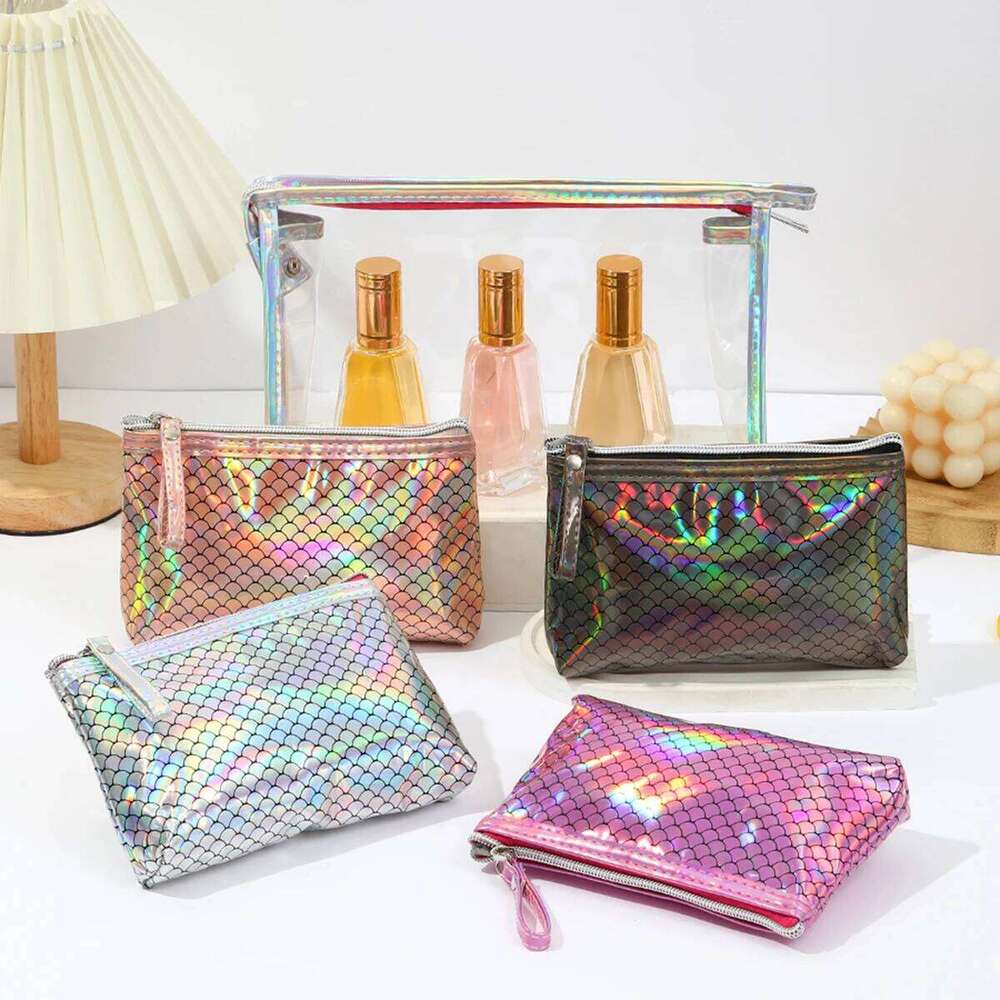 New two-piece waterproof PVC cosmetic Laser fish scale storage and grooming Multi functional women's makeup bag Y260206