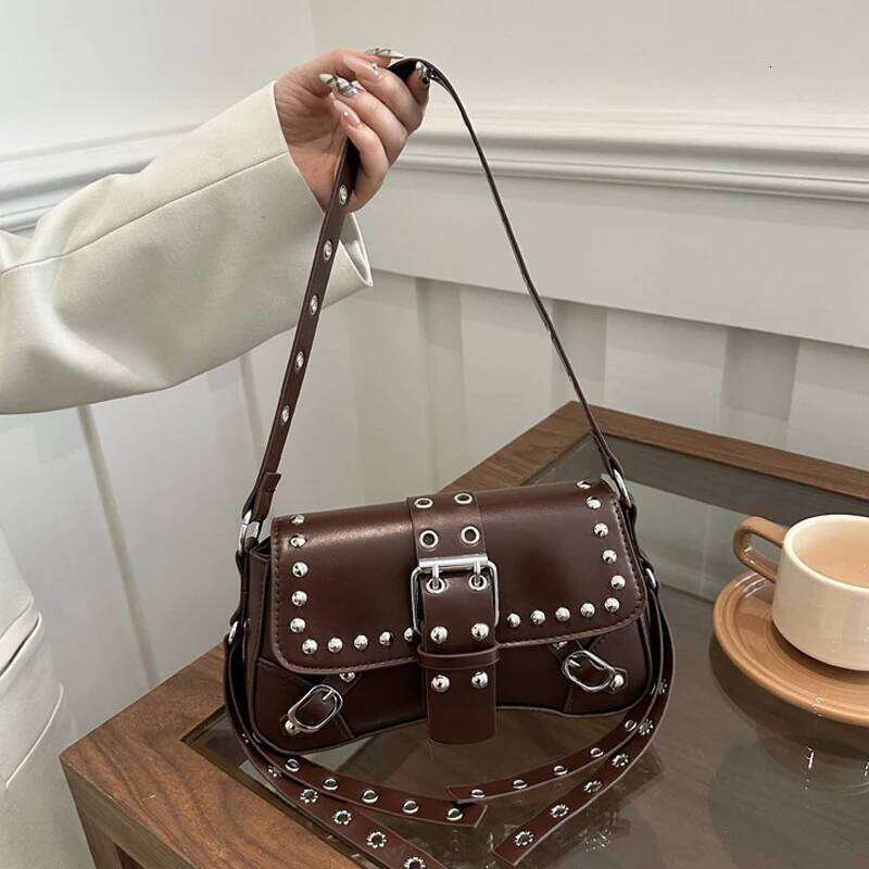 Shoulder Bag for Women Pink Underarm PU Leather Crescent Bags with Rivet Small Y2k Purses Trendy Armpit Purse Y260205