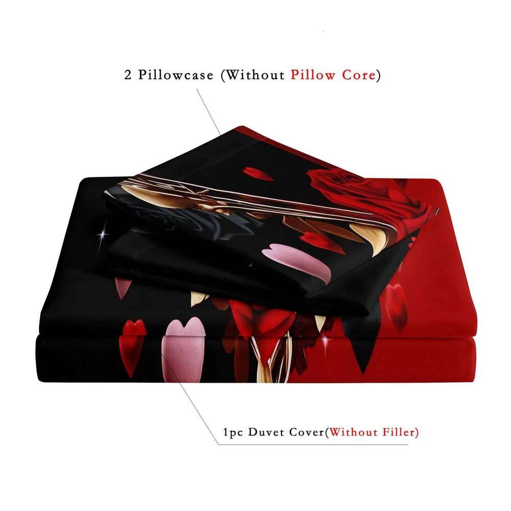 3pcs King Queen Heart-Shaped Love couple Rose Duvet Cover, All-Season High-Definition Print Valentine'S Day Gift XJ260206