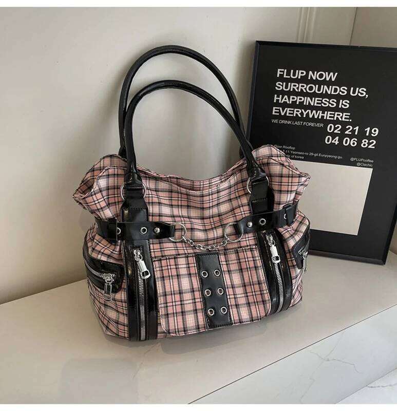 SHELKSBAG Punk Plaid Shoulder Bag Rise Up Gothic Alternative Handcuff Top Handle Tote Women 2025 Trendy New in Crossbody Bags Z260207 - view 6