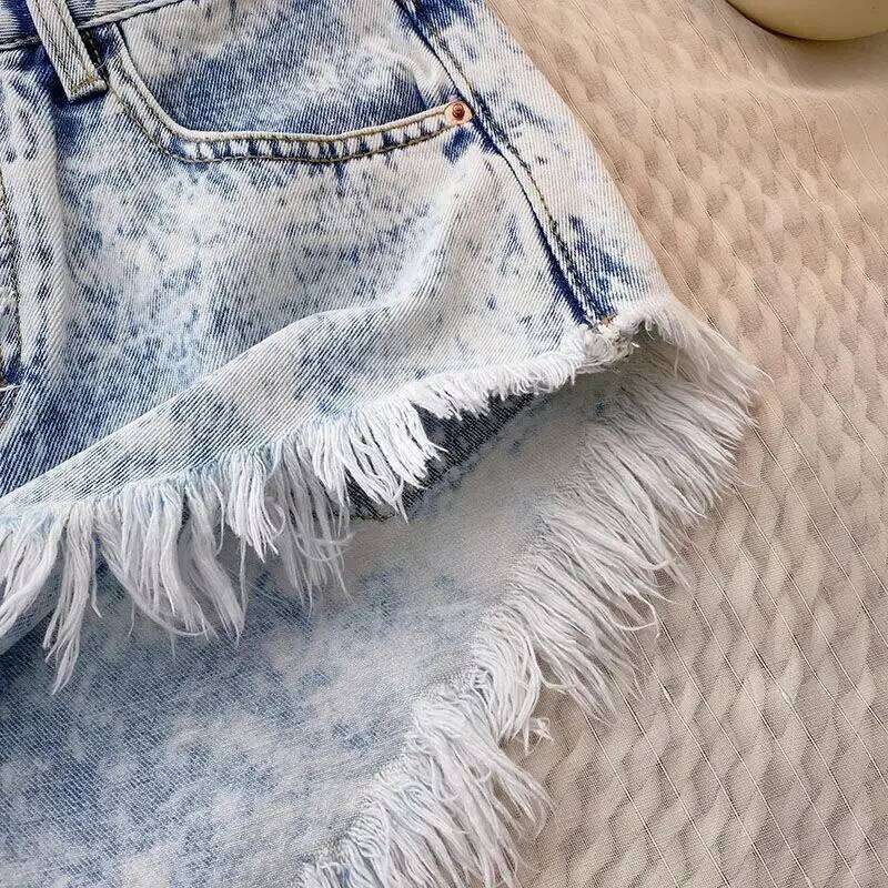 Button Tassel Edge Denim for Women's Summer High Waisted Gradient Wide Leg Pants Jeans Y2k Shorts XJ260206