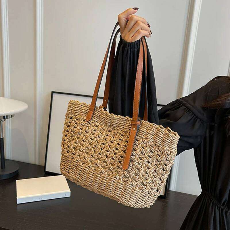 Handmade Straw Shoulder with Leather Handle Hollowed Design Portable Beach Bag for Quality Seaside Vacations Y260204