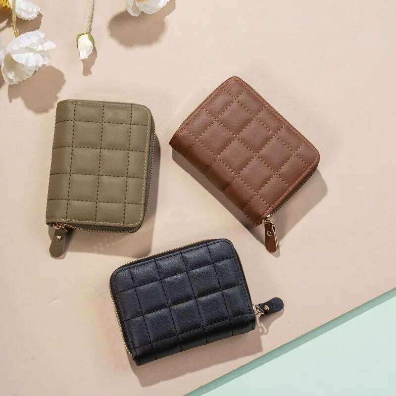 2026 Women Fashion Zipper Wallet with Coin Purse PU Leather Plaid Purses Ladies Cute Mini Small Card Pack Y260206