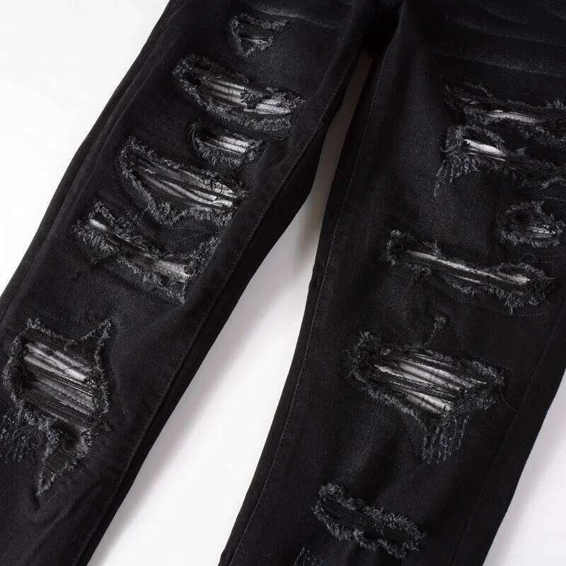 Men's Black Distressed Bandanna Patchwork Holes Repaired Skinny Stretch Moustache Slim Fit Ripped Jeans Men X260207