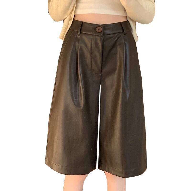 Autumn Winter Vintage Black PU Leather Women's Wide Leg Half Pants Pockets Button High Waist Casual Loose Shorts Female 2025 New XJ260206